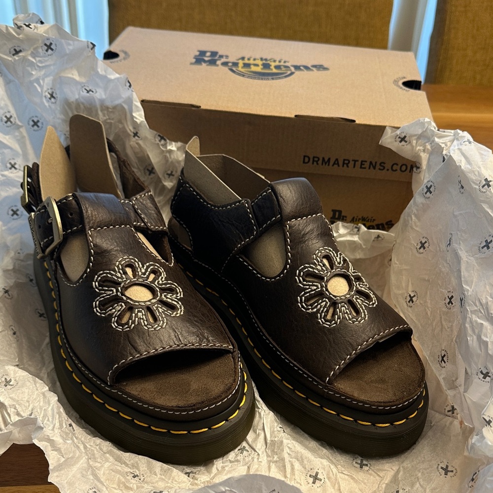 Dr. Martens Dark Brown Sandals with Embroidered Floral Accent